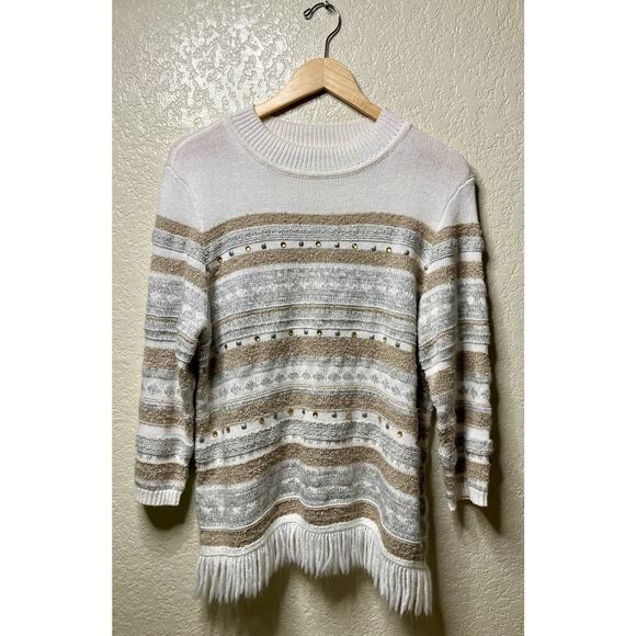 Vintage Alfred Dunner Knit Sweater Womens Large Striped Bling Fringe 3/4 Sleeve - Picture 1 of 11